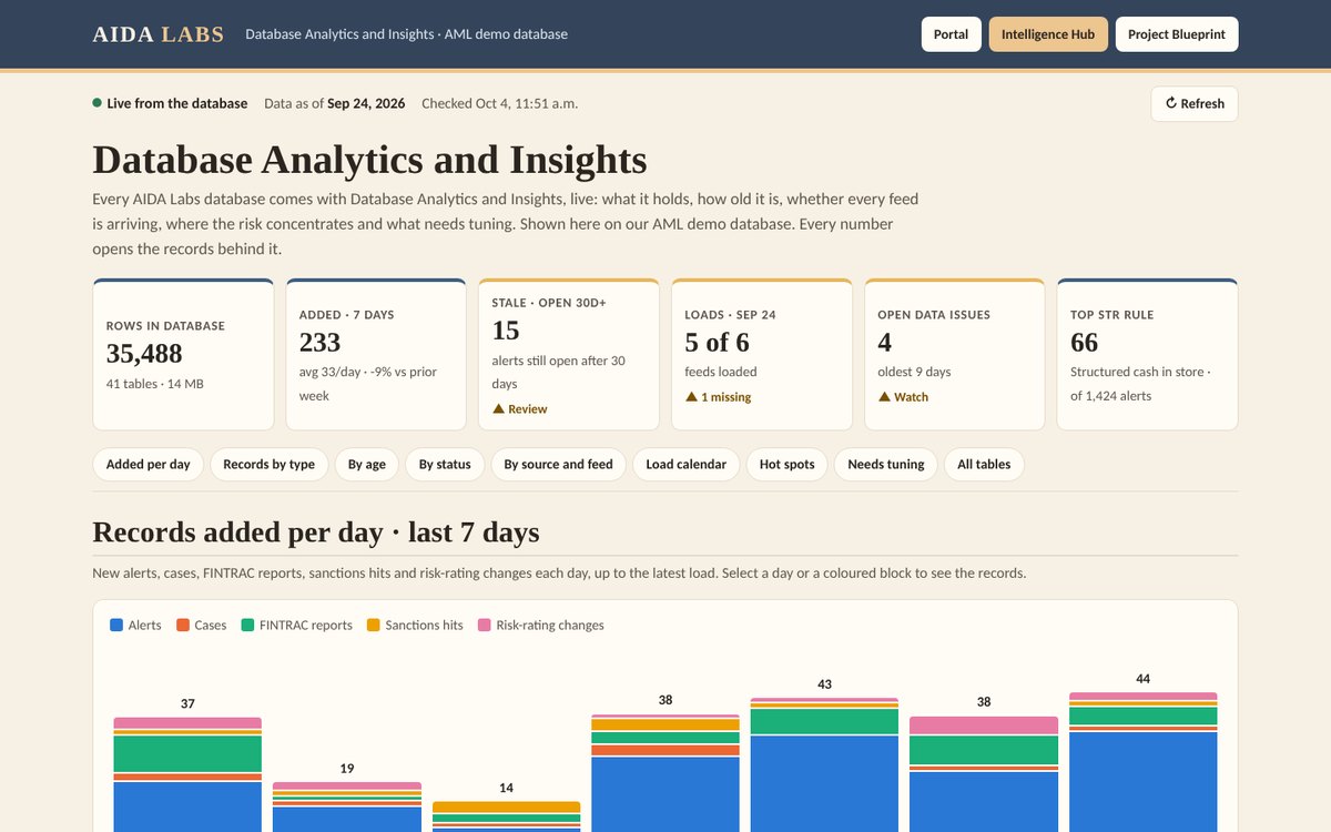 Executive Database Analytics: headline cards above a chart of records added per day