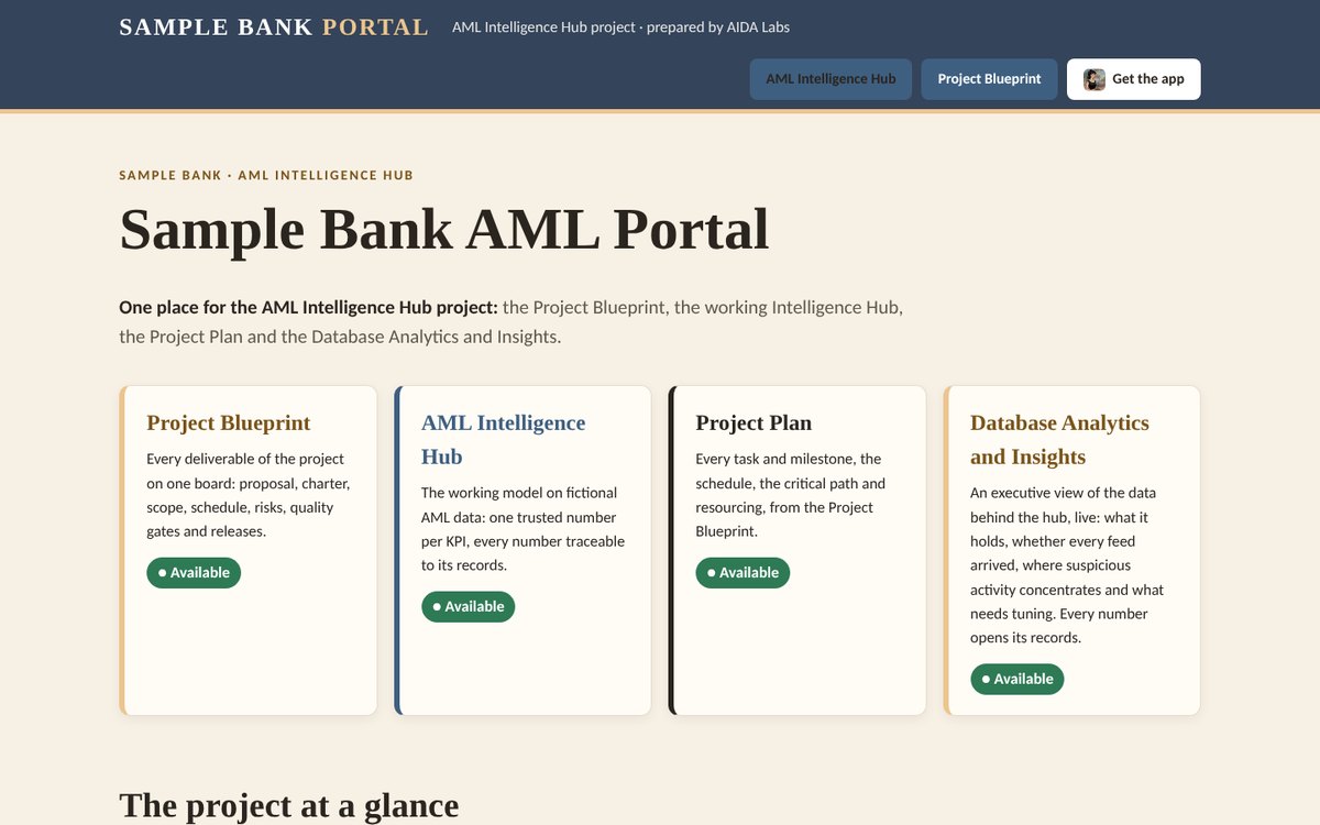 The sample project portal: one page linking the blueprint, the hub, the project plan and the database analytics