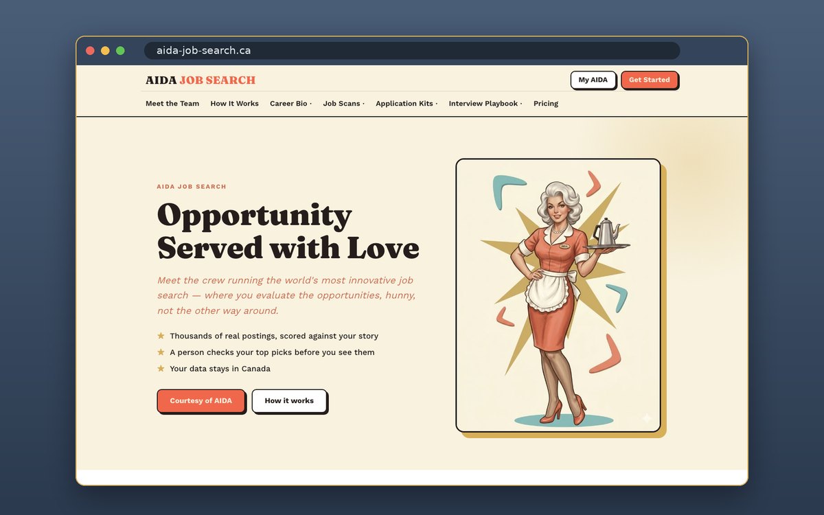 The AIDA Job Search home page, aida-job-search.ca: Opportunity Served with Love