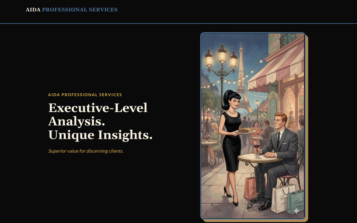 AIDA Professional Services: Executive-Level Analysis. Unique Insights. Superior value for discerning clients. Beside it, the Paris café illustration