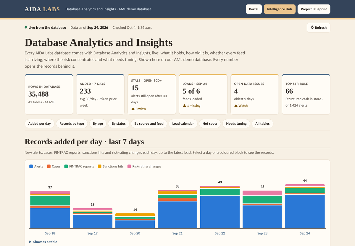 Executive Database Analytics: headline cards above a chart of records added per day